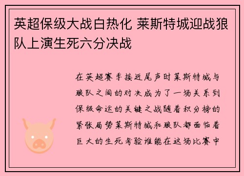 英超保级大战白热化 莱斯特城迎战狼队上演生死六分决战